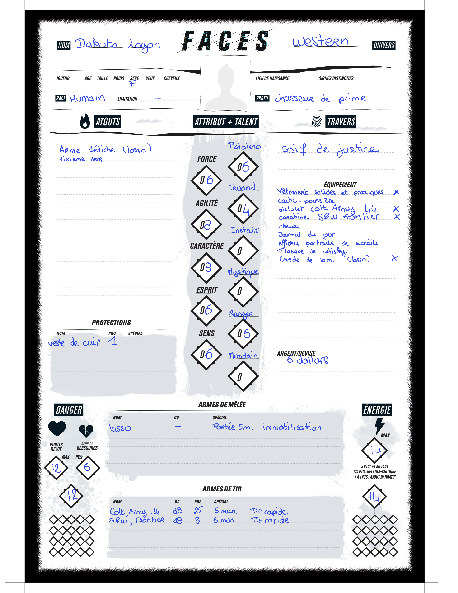 Feuille de personnage Dakota Logan pour F.A.C.E.S.