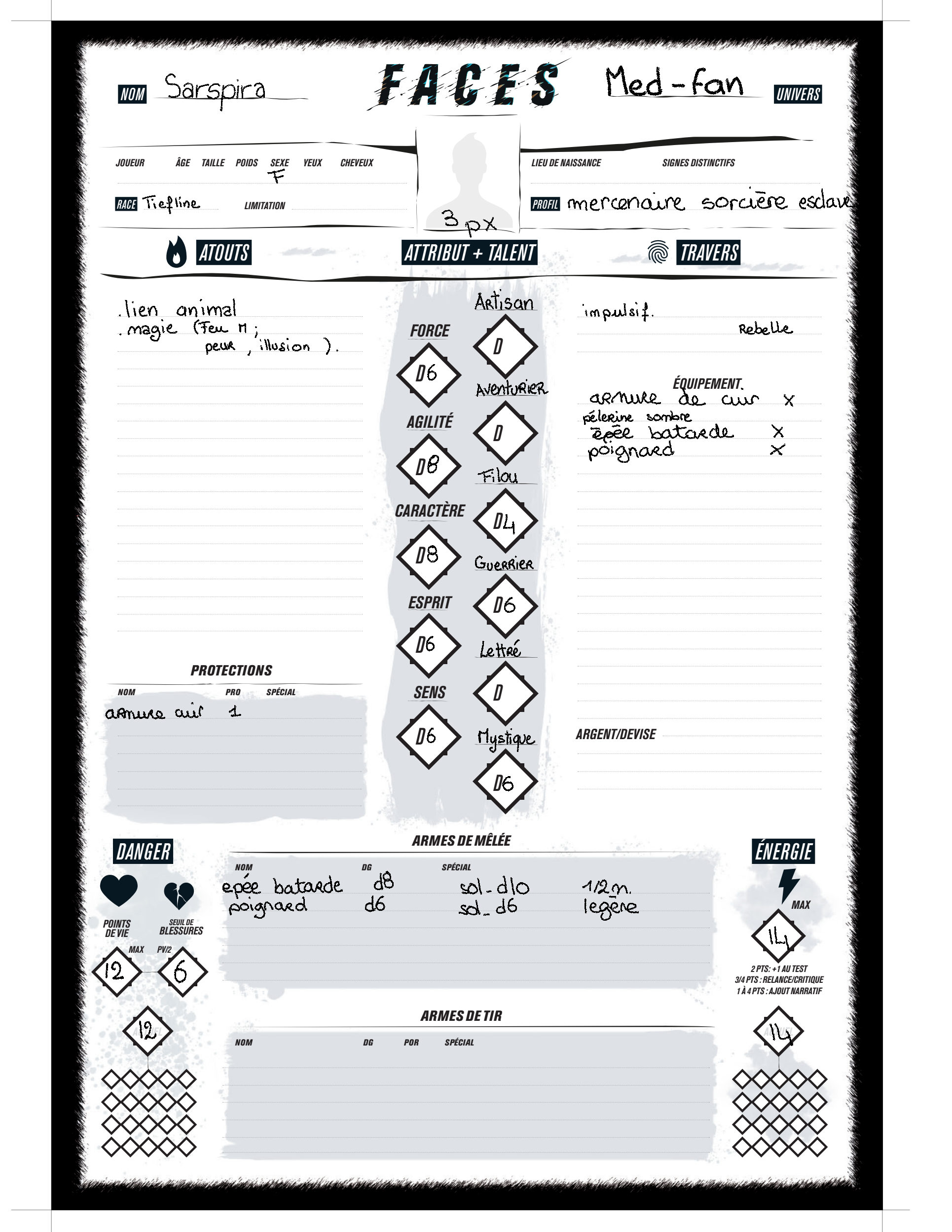 Feuille de personnage Sarspira pour F.A.C.E.S.