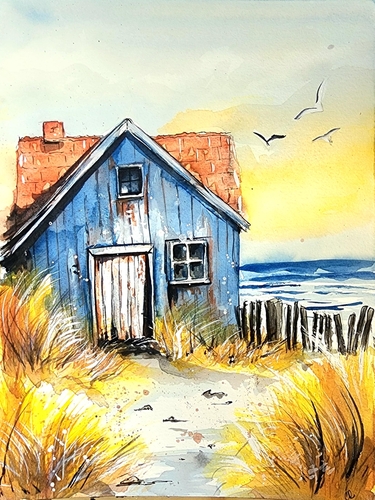 Aquarelle de cabane en bord de mer